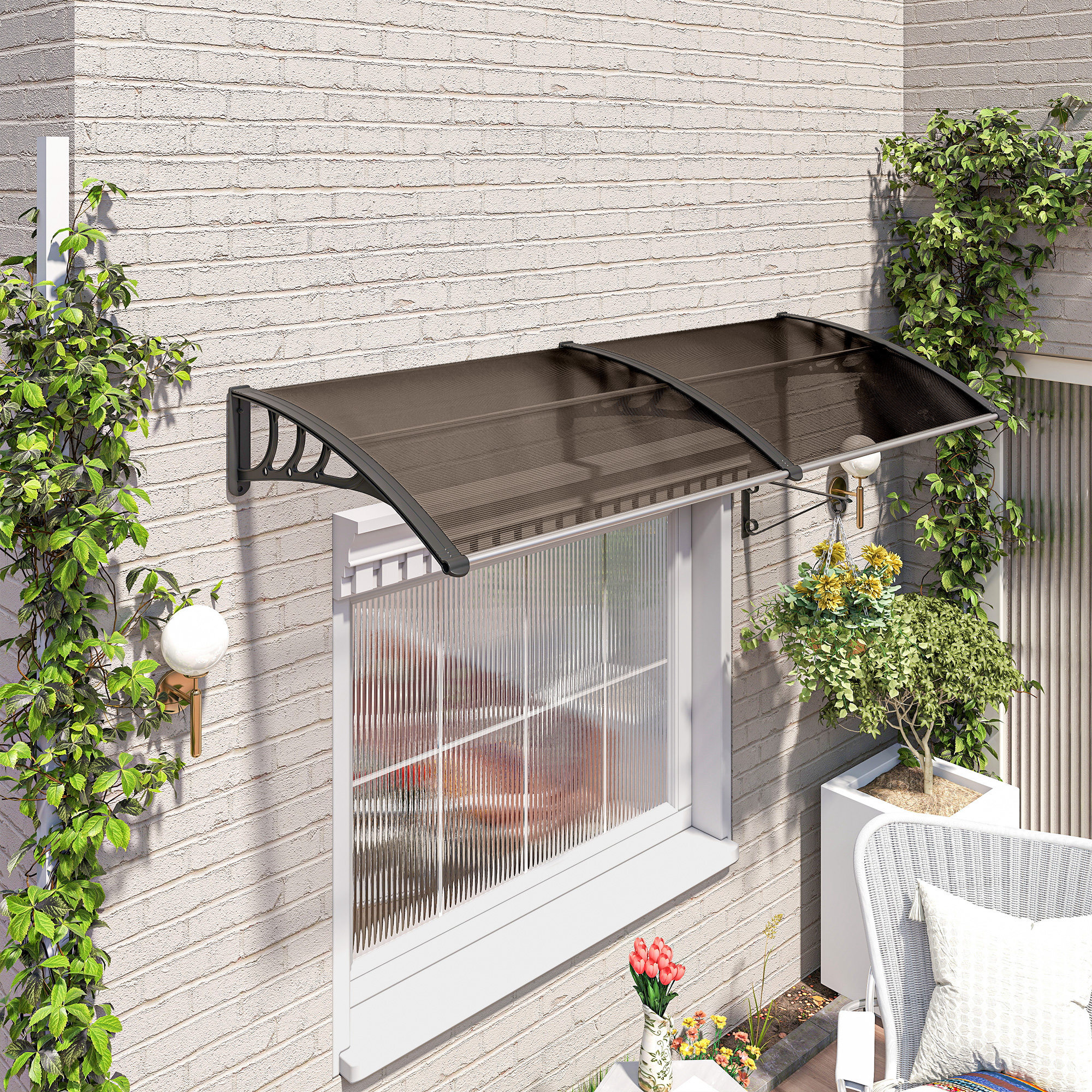 Marquesinas Exterior para Puertas y Ventanas, 195x75 cm, Tejadillo de Protección contra Sol y Lluvia, con Cubierta de Policarbonato, Soporte de Aleación de Aluminio, Marrón