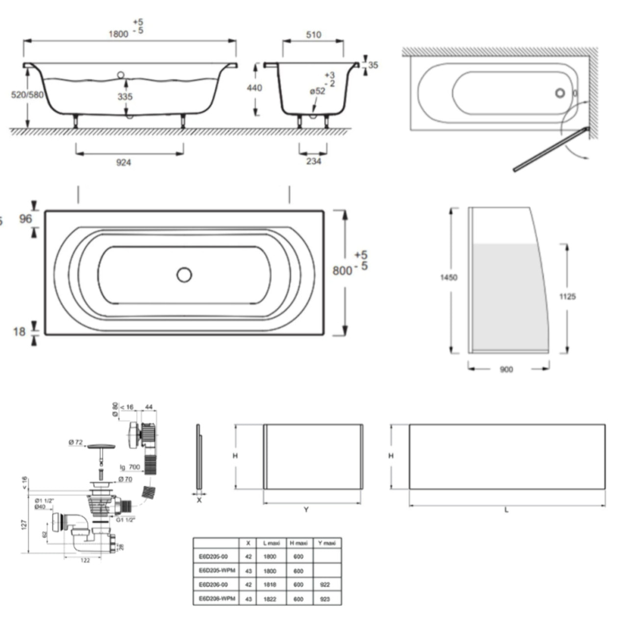 Baignoire droite 180 X 80 Elise acrylique + pare bain volet droite + tablier en angle + vidage