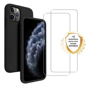 Coque iPhone 11 Pro Max Silicone liquide Noire + 2 Vitres en Verre trempé Protection écran Antichocs