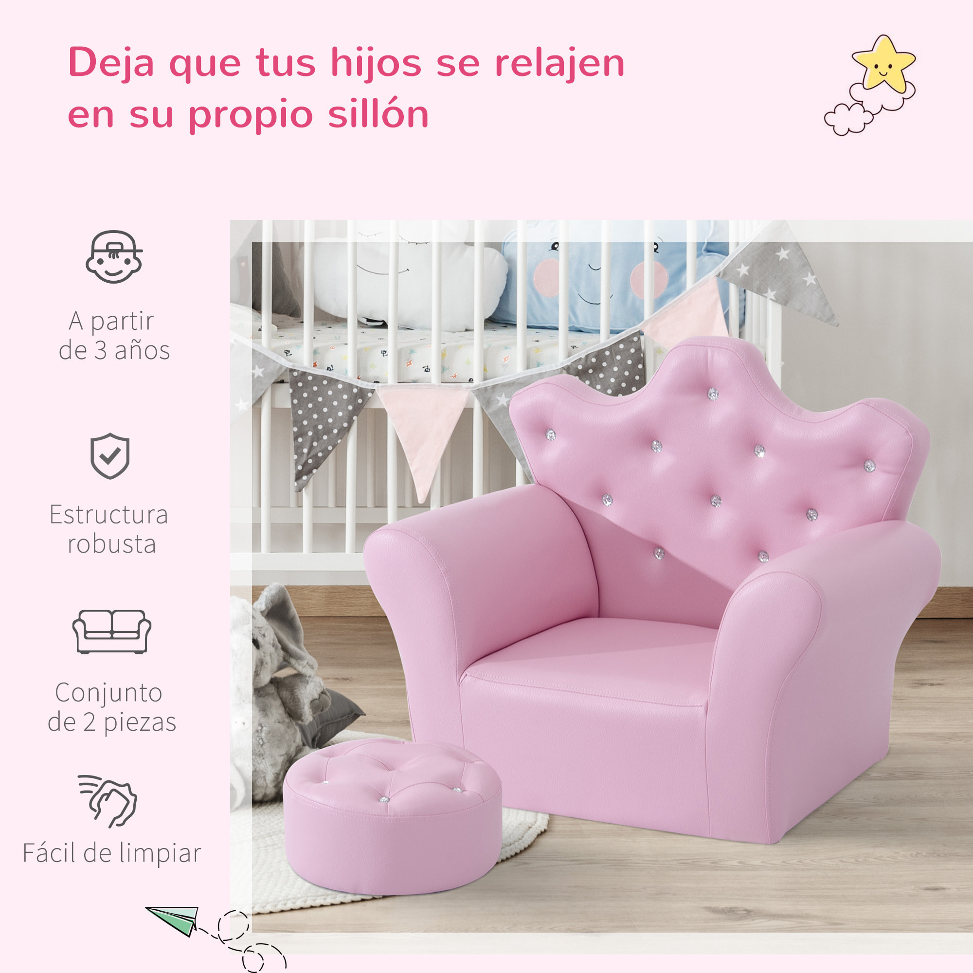 Sofá para Niños con Reposapiés Sillón Infantil Decorativo con Respaldo Alto en Forma de Corona y Reposabrazos Acolchado 58x40,5x49 cm Rosa