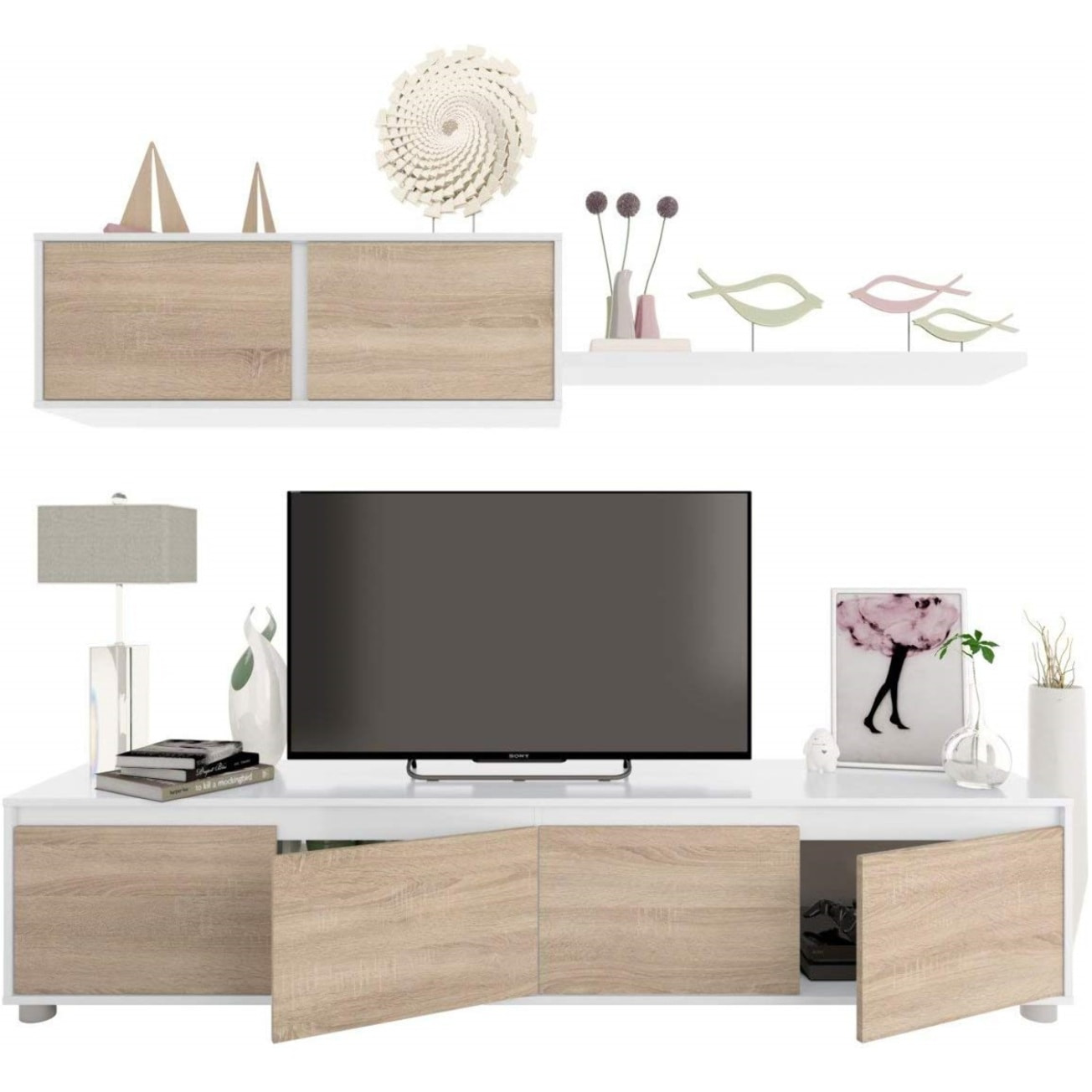 Parete Attrezzata Da Soggiorno Mobile TV 4 ante Pensile Con Pistoni A Gas E Mensola Sospesa Design Moderno Salvaspazio 200 Cm Bianco Lucido E Rovere