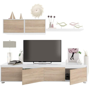 Parete Attrezzata Da Soggiorno Mobile TV 4 ante Pensile Con Pistoni A Gas E Mensola Sospesa Design Moderno Salvaspazio 200 Cm Bianco Lucido E Rovere