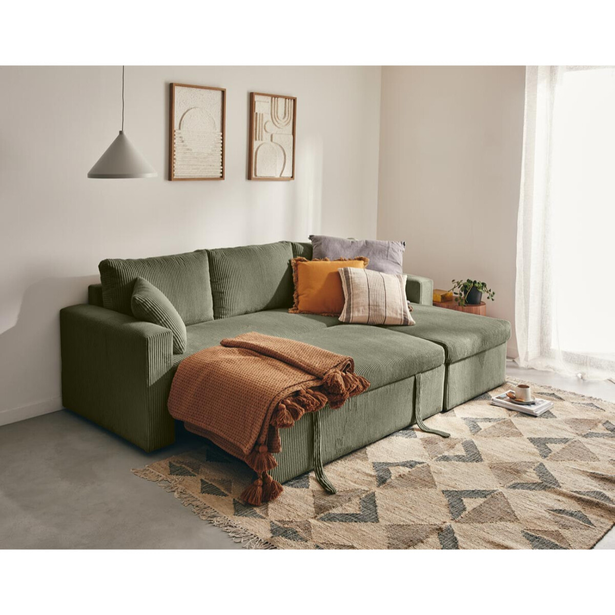 Cyrus - canapé d'angle réversible 4 places - convertible avec coffre - en velours côtelé - Vert