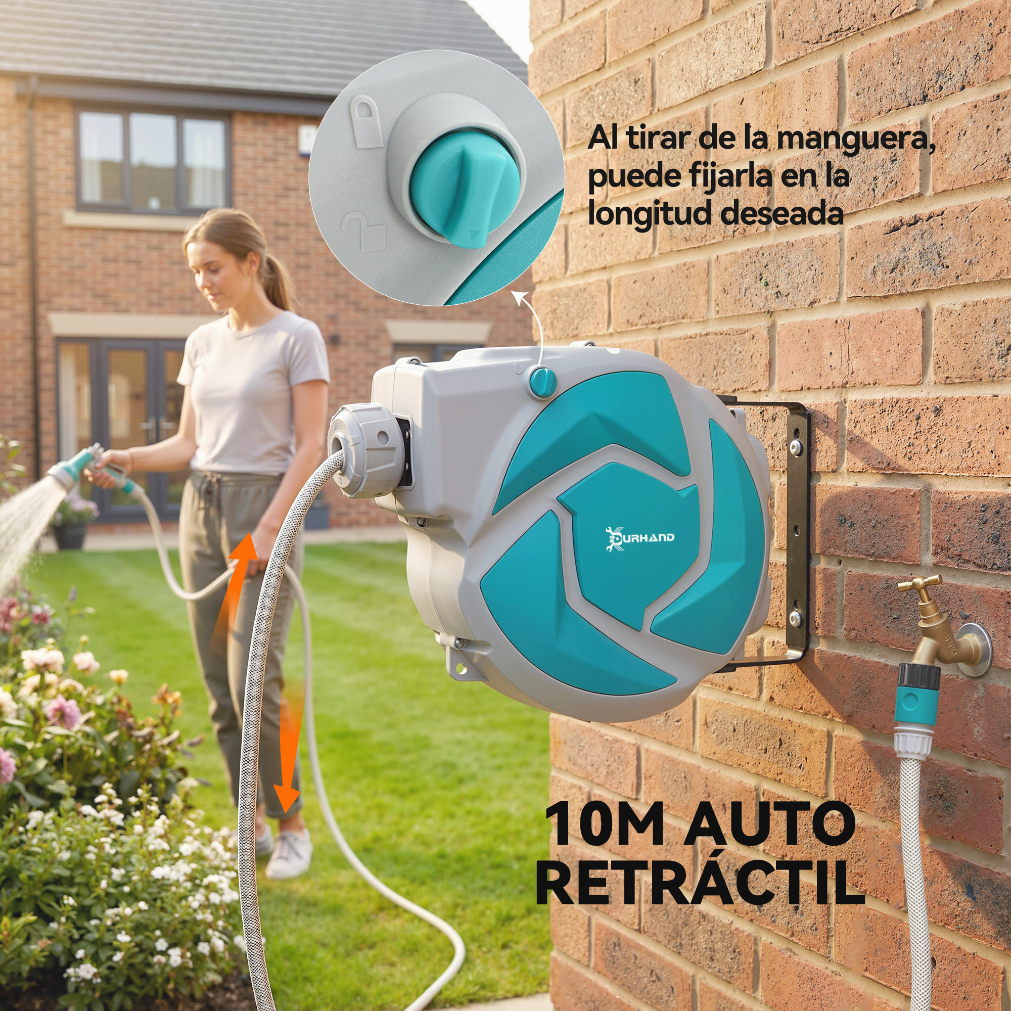 Enrollador de Manguera para Jardín 10+1 m con Boquilla de 7 Funciones, Carrete de Manguera de Jardín de Pared, Giratorio 180°, con Retorno Enrollado Automático, Gris Claro y Verde