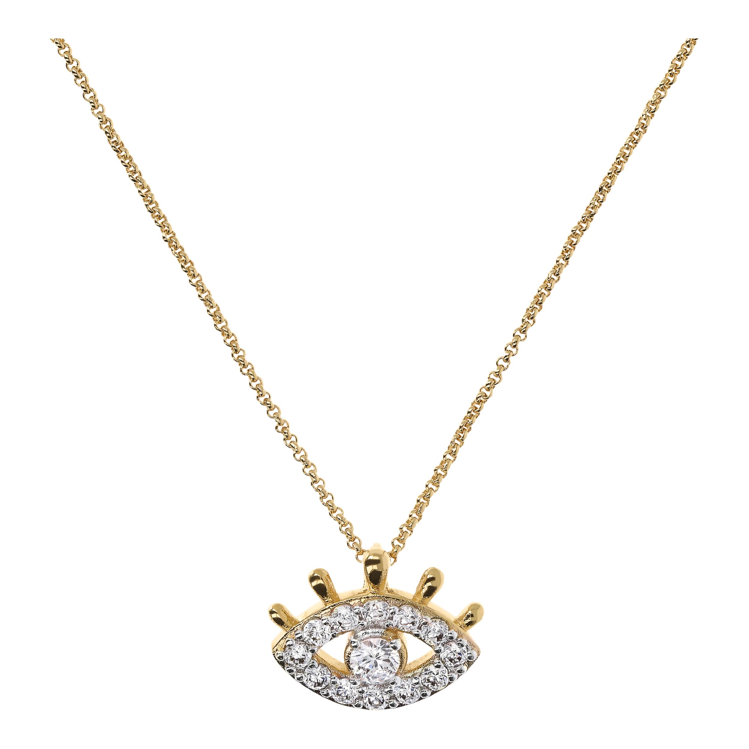 Collana Catena Rolo e Pendente Occhio con Pavé in Cubic Zirconia Placcata Oro Giallo 18kt