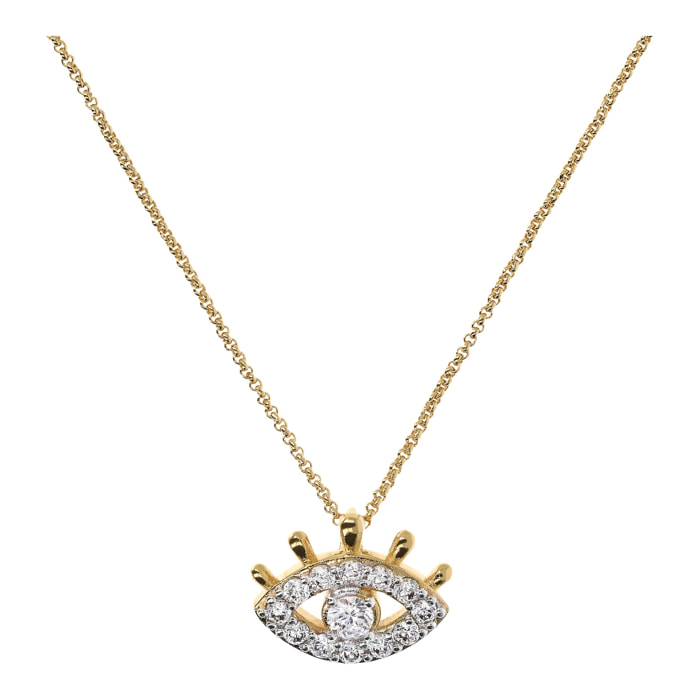 Collana Catena Rolo e Pendente Occhio con Pavé in Cubic Zirconia Placcata Oro Giallo 18kt