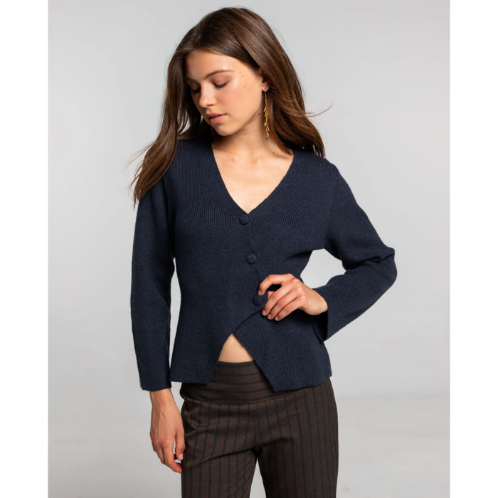 Cárdigan de punto canalé con botones forrados de mujer