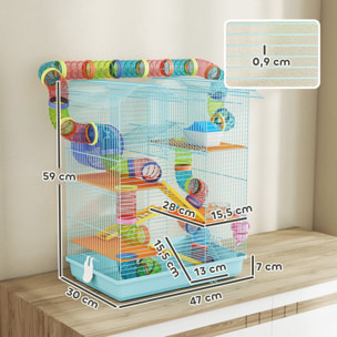 Cage pour hamster souris petits animaux rongeur avec tunnel mangeoire roue jouet 47 x 30 x 59 cm cm bleu ciel