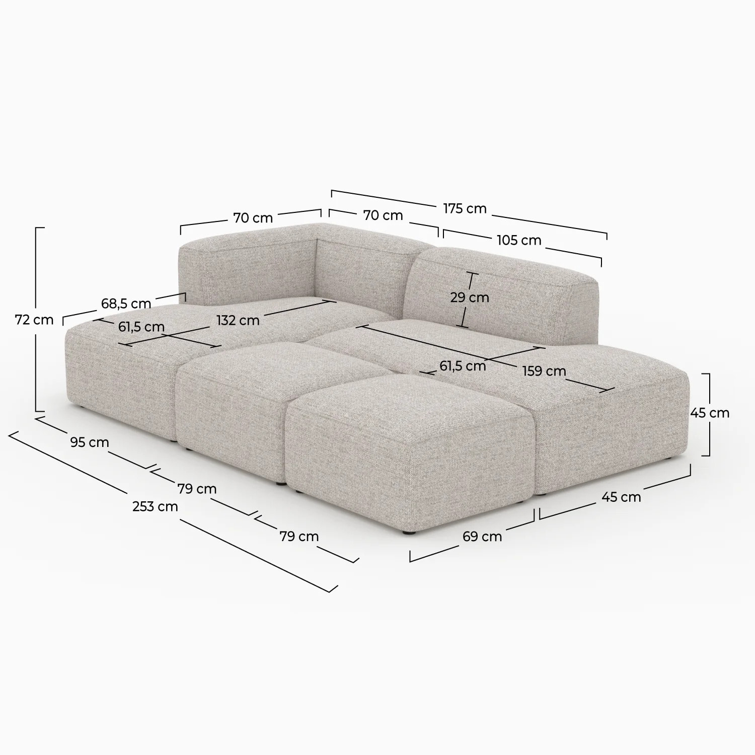 Canapé d'angle gauche modulable, tissu beige 4 places, 2 poufs - Hestia