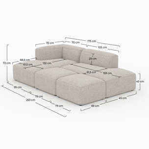 Canapé d'angle gauche modulable, tissu beige 4 places, 2 poufs - Hestia