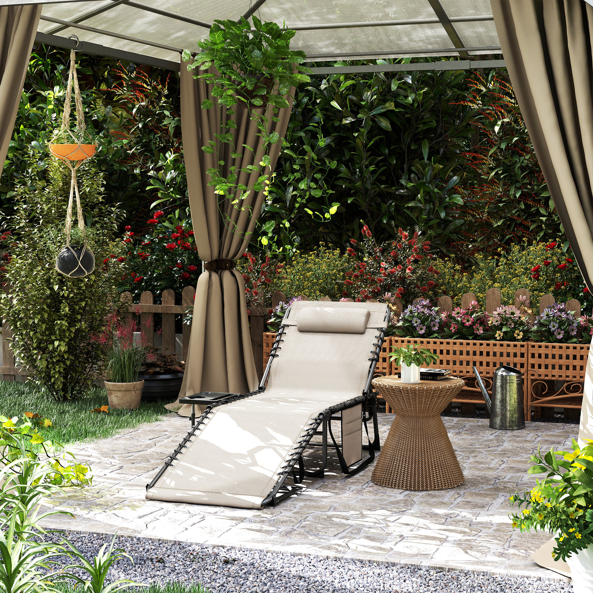 Tumbona Plegable Tumbona Jardín Exterior con Respaldo Ajustable Reposacabezas Bolsillo Lateral Bandeja y Estructura de Acero Carga 120 kg para Terraza Piscina Playa 190x60x31 cm Crema