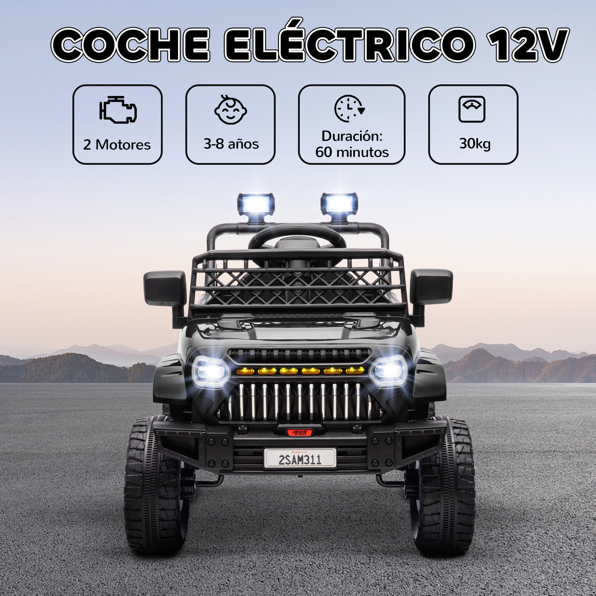 Coche Eléctrico para Niños de +3 Años Coche Eléctrico Infantil Coche de Batería 12V con Mando a Distancia Velocidad Ajustable USB Faros Bocina Negro