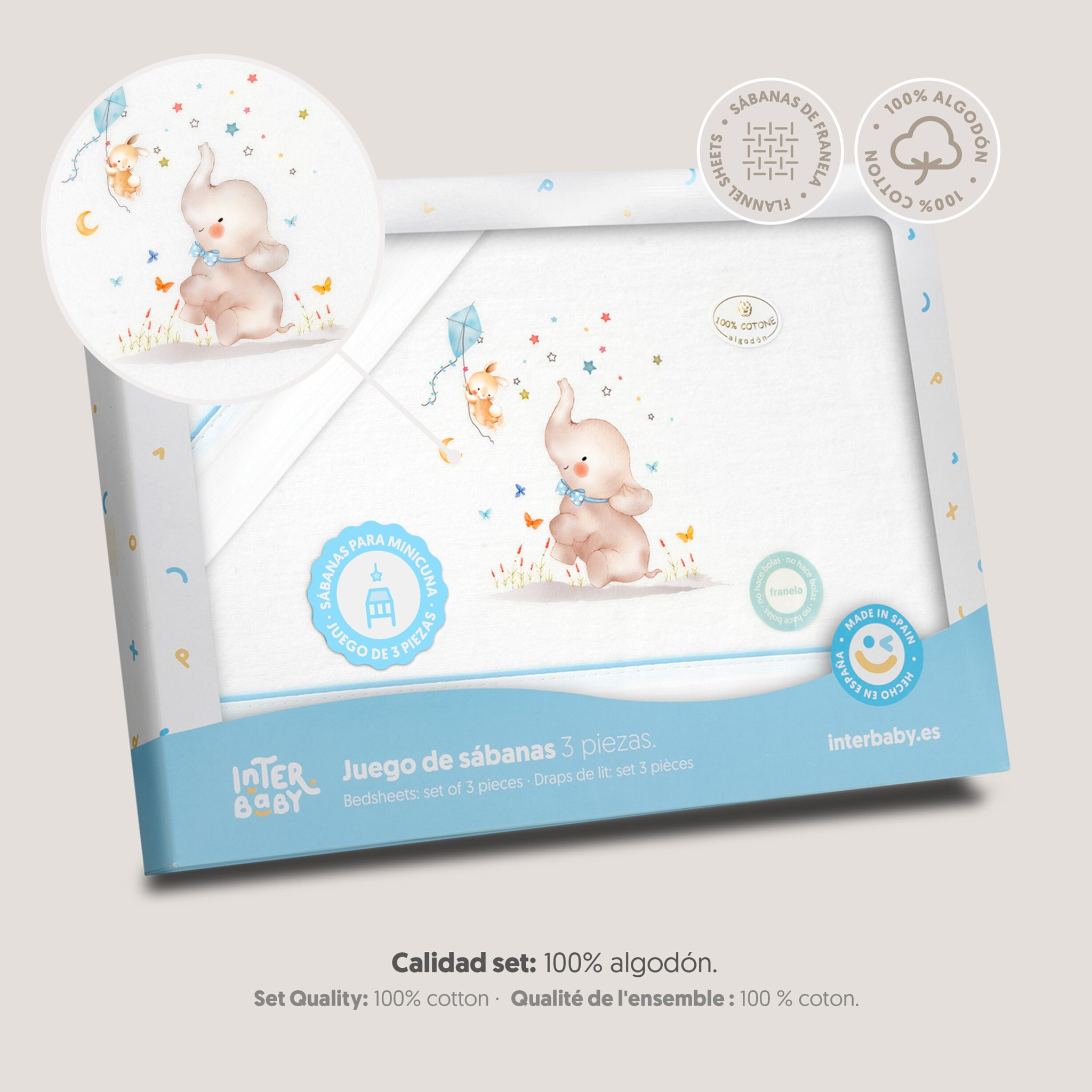 Juego de Sábanas de Minicuna Franela  Mod Elefante