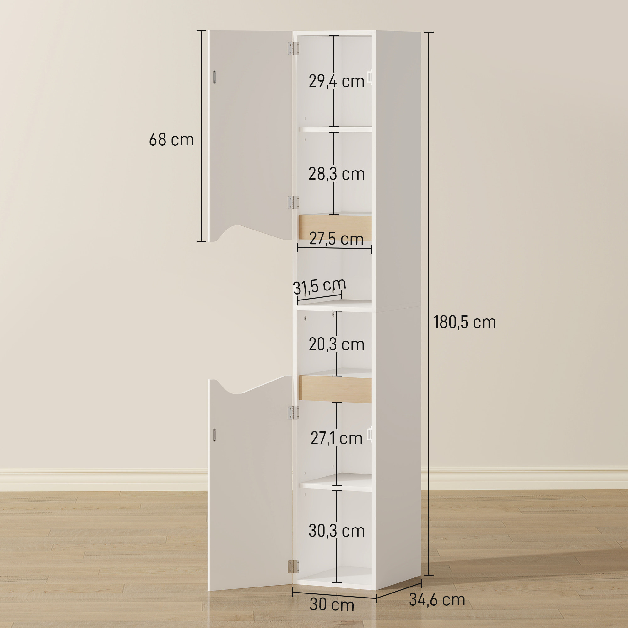 Colonne salle de bain design 2 portes 2 étagères 2 niches effet bois clair blanc