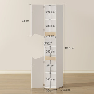 Colonne salle de bain design 2 portes 2 étagères 2 niches effet bois clair blanc