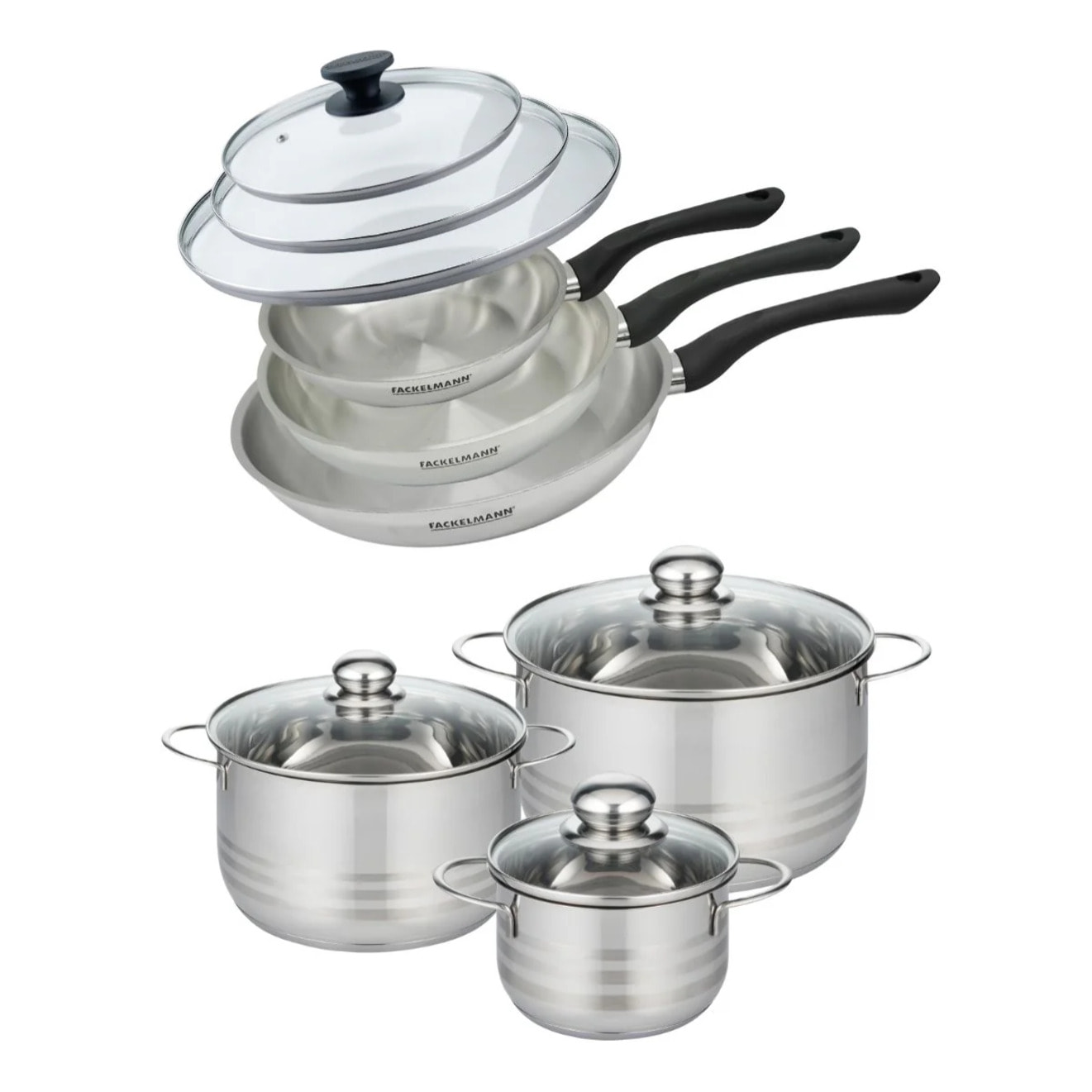 Set de 3 poêles 20 24 et 28 cm en inox et couvercles, 3 faitouts inox 16, 20 et 24 cm Fackelmann Geneva