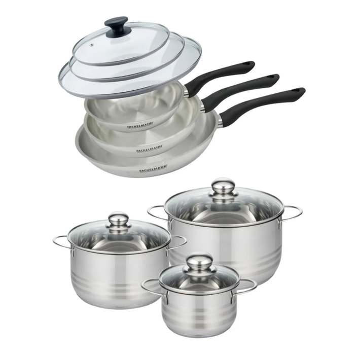 Set de 3 poêles 20 24 et 28 cm en inox et couvercles, 3 faitouts inox 16, 20 et 24 cm Fackelmann Geneva