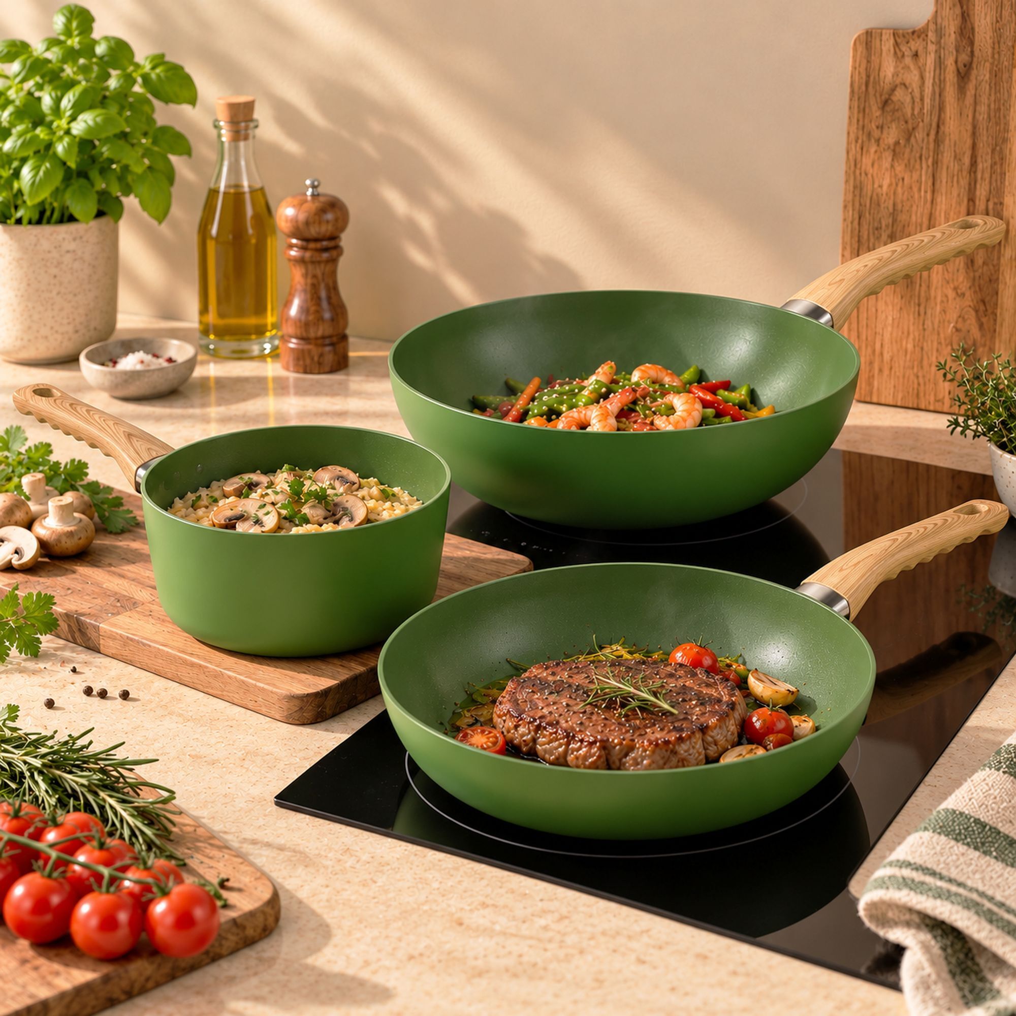 Batterie de cuisine 5 pièces en aluminium recyclé kaki - tous feux KAKI