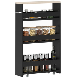 Carrito Auxiliar con Ruedas de 3 Niveles, Carrito de Cocina Estrecho con 3 Estantes, Tablero y Asa, para Comedor, Salón, Baño, 48x15x80 cm, Negro