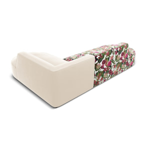 Canapé d'angle droit "Charles" 4 places en velours motif de rose de jardin,beige