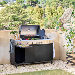 Barbecue gaz 4 brûleurs + 1 feu latéral MAXIM noir. Acier. thermomètre intégré. récupérateur de graisse. grille de chauffe. L 145.5 x P 61.5 x H 143.5cm