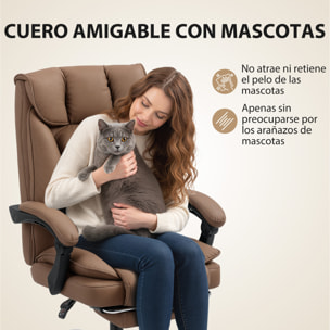 Silla de Escritorio con Reposapiés, Silla de Oficina Giratoria, con Respaldo Reclinable y Alto, Acolchado Grueso Doble, Tapizada en Cuero Sintético Resistente, Altura Ajustable, Marrón