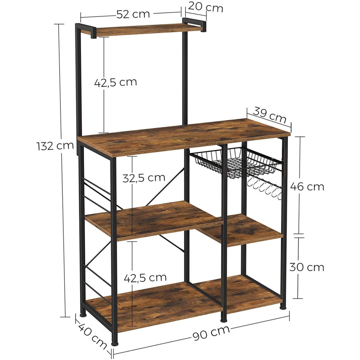 Scaffale cucina industriale alto con gancio e cassetto a rete 90x40x132 cm