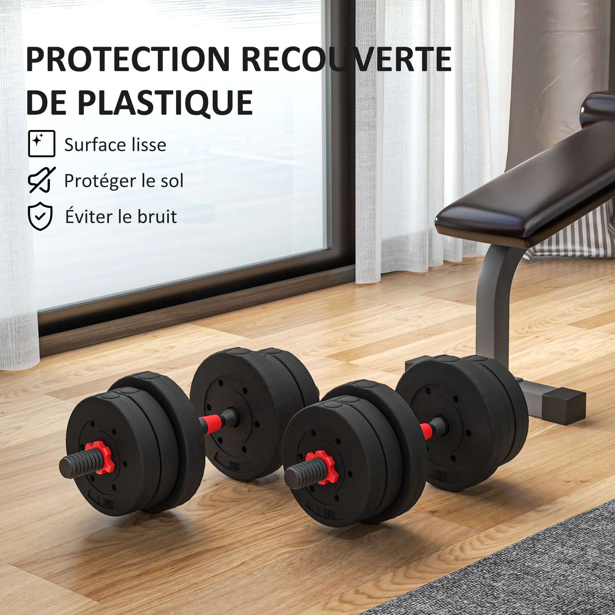 Ensemble d'haltères courtes total 20 Kg - barres incluses - entraînement musculaire & haltérophilie - acier HDPE noir rouge