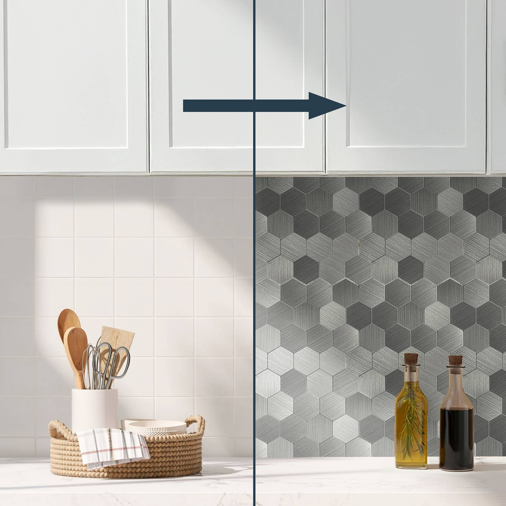 Crédence adhésive murale 3D  - Effet carrelage hexagonal 4 pièces - Argent