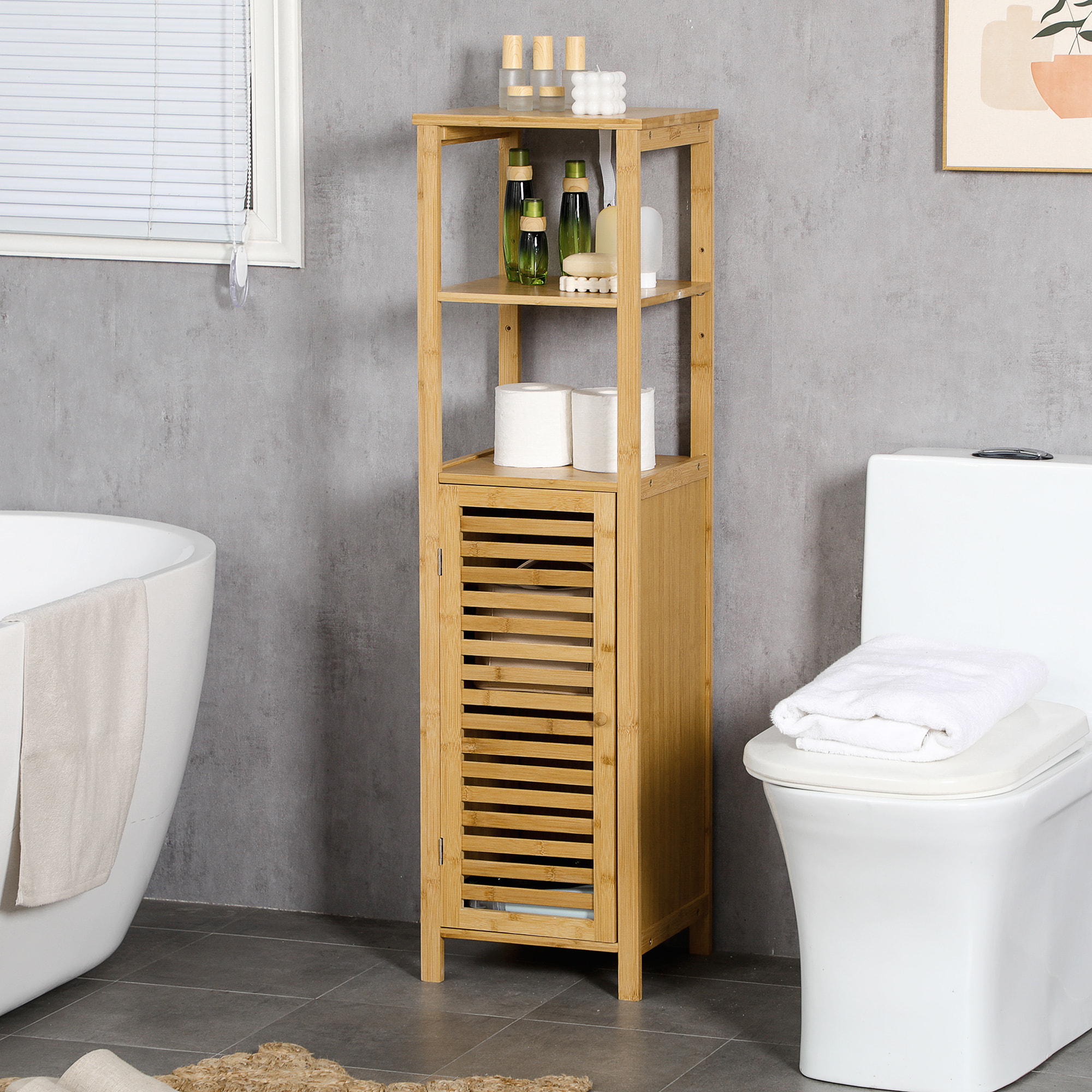 Colonne salle de bain en bambou H.120 cm - porte à lattes, 3 étagères - bambou verni