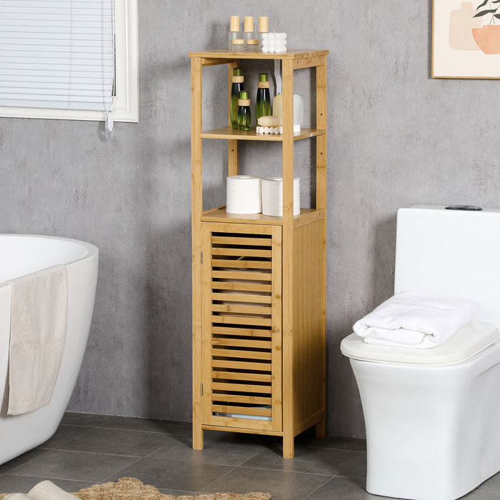 Colonne salle de bain en bambou H.120 cm - porte à lattes, 3 étagères - bambou verni