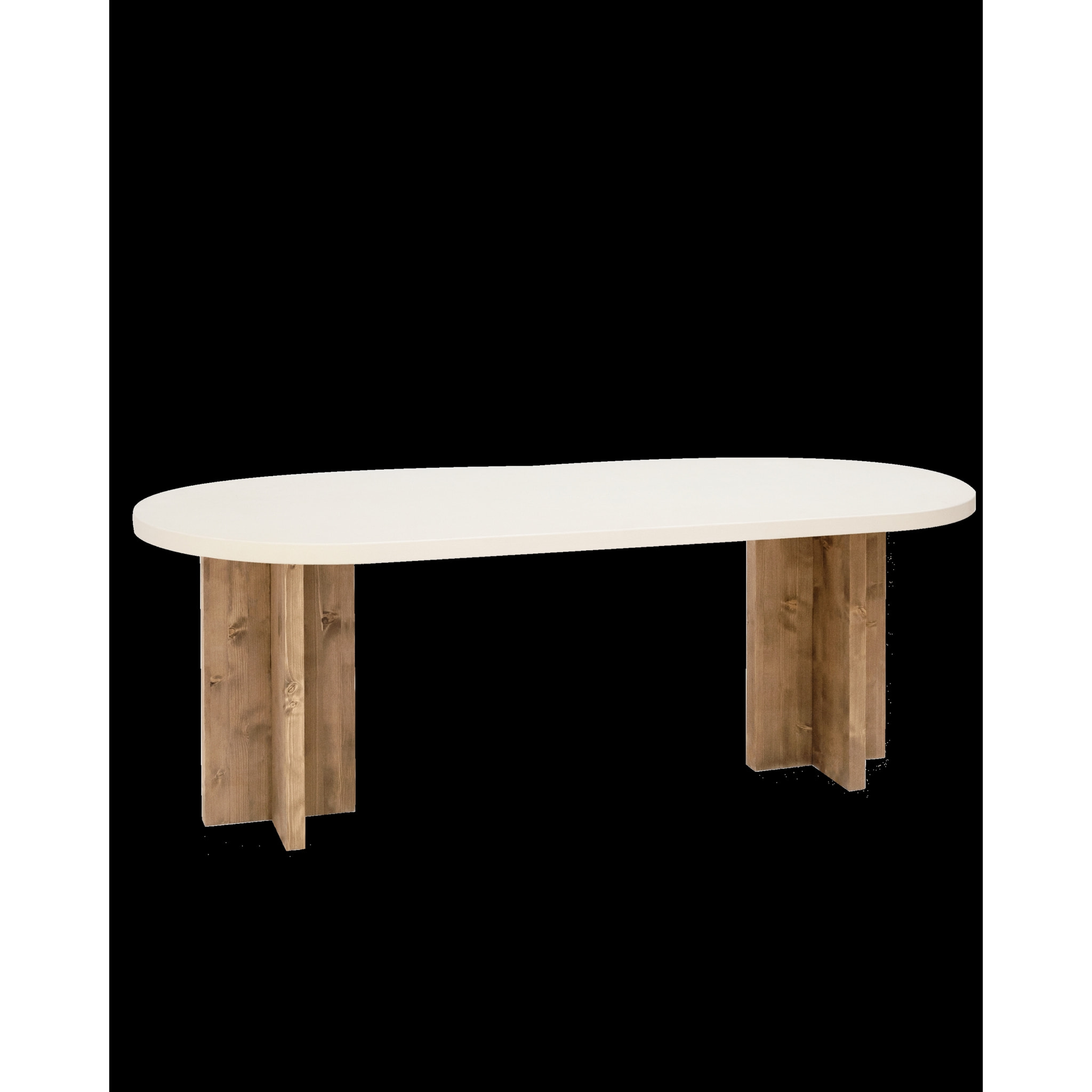Table de salle à manger ovale en microciment blanc cassé avec pieds en chêne foncé en différentes tailles