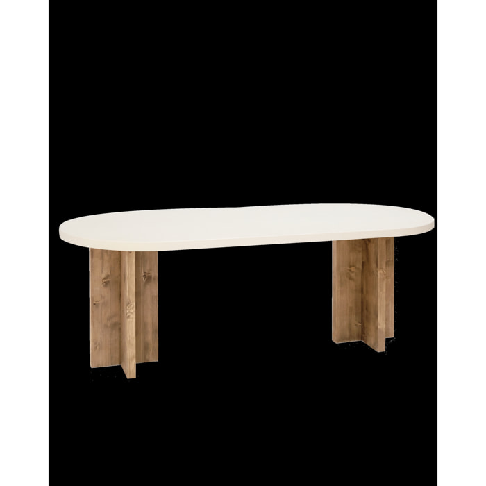 Table de salle à manger ovale en microciment blanc cassé avec pieds en chêne foncé en différentes tailles