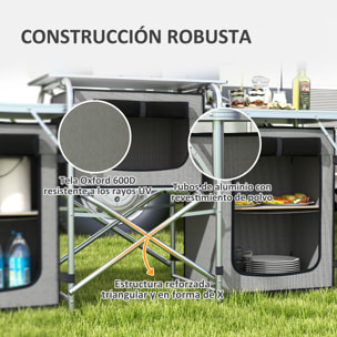 Mueble de Cocina para Camping Armario para Camping Plegable con 3 Mesas 2 Armarios 4 Ganchos Poste de Luz Elevable y Bolsa de Transporte para Acampada Picnic 172x48x119 cm Gris