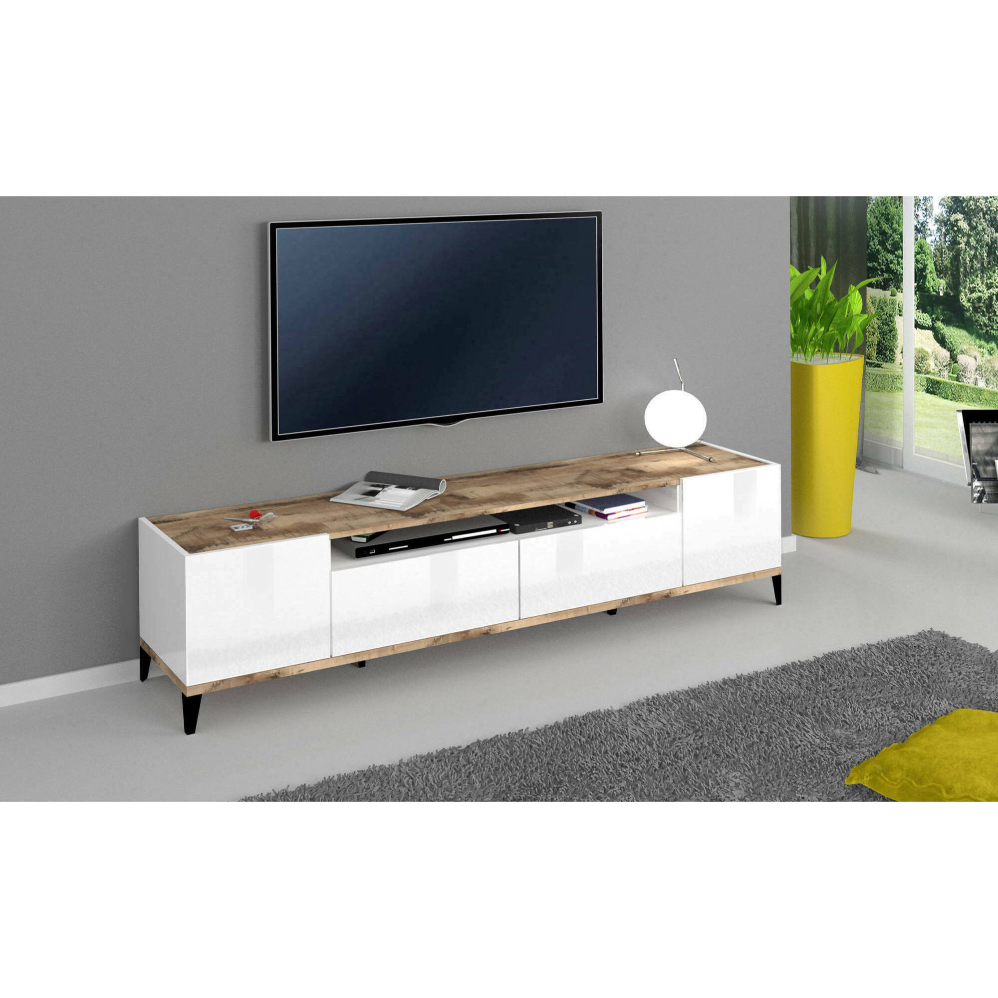 Mobile da soggiorno Porta TV, Made in Italy, Supporto per TV da salotto a 2 ante e 2 cassetti, Cm 200x40h47, Bianco lucido e Acero