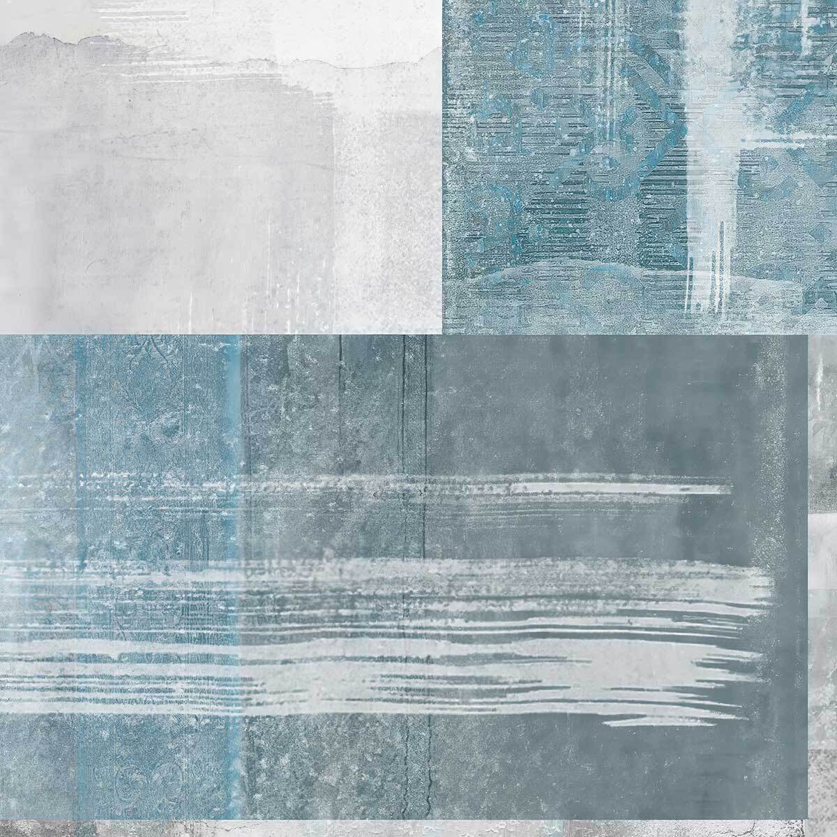Papier peint abstrait patchwork minéral bleu et gris Intissé
