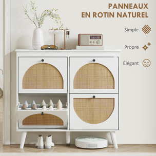 Meuble à chaussures 4 portes abattantes style bohème - façades motif semi-circulaire rotin - pieds bois aspect bois blanc