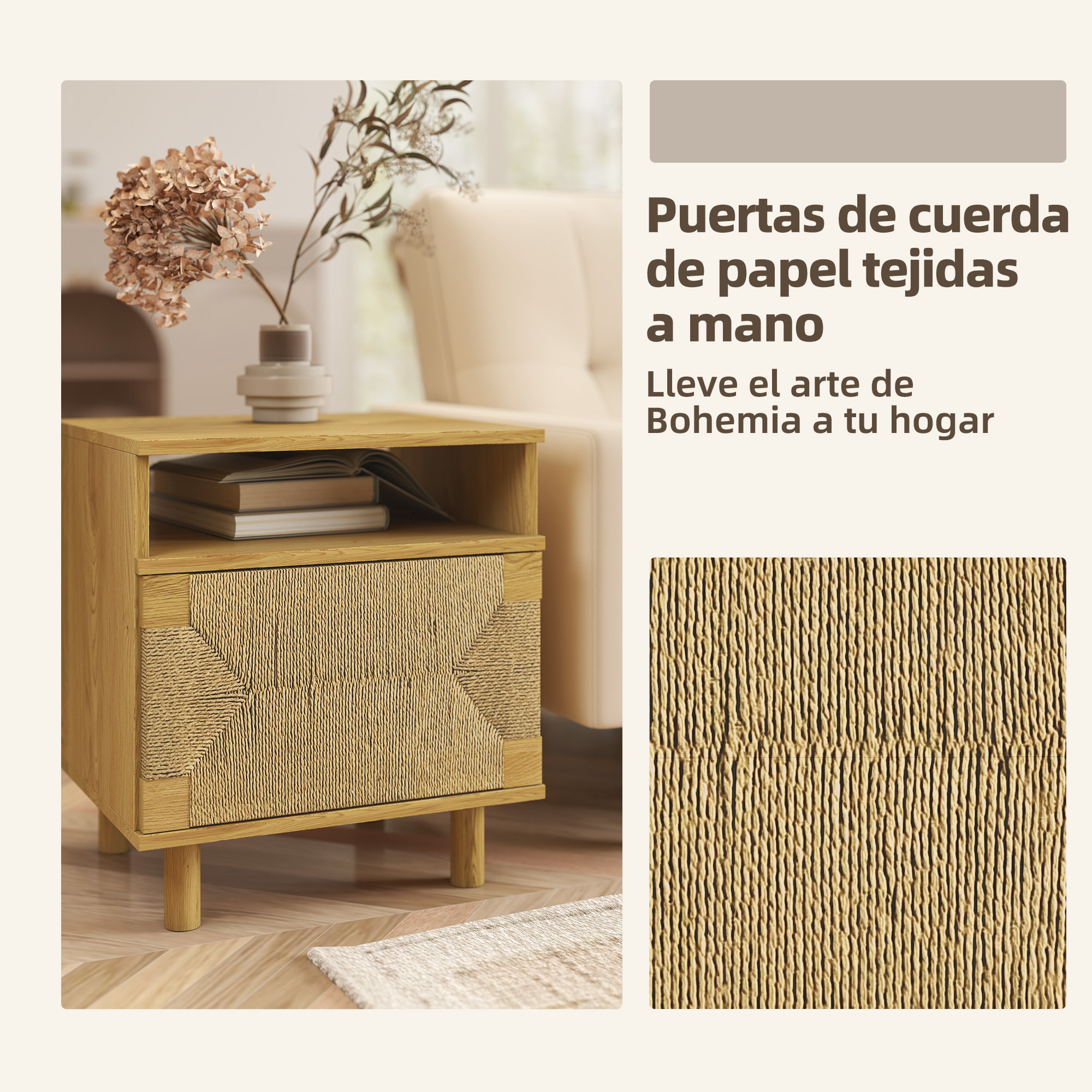 Mesita de Noche Bohemio con Puerta de Cuerda de Papel, Mesilla de Noche con Estante Abierto, Patas de Madera y Apertura por Presión, Mesa Auxiliar para Dormitorio, Salón, 45x39x50 cm, Roble