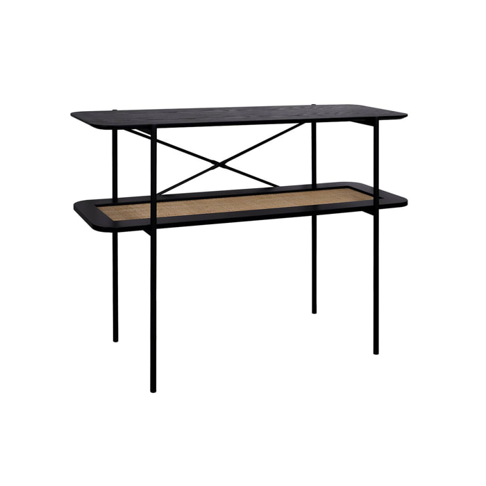Console vintage coloris noir 100 cm double plateaux effet bois et cannage. piètement et structure en métal noir