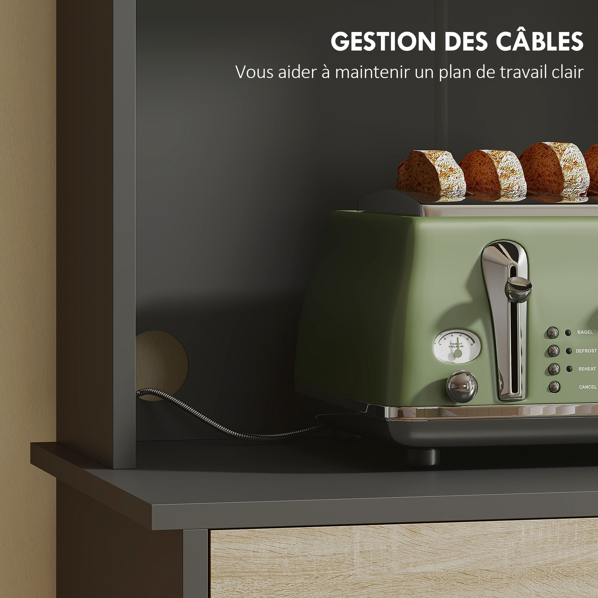 Buffet haut cuisine - 3 portes, 3 étagères, 2 niches plan de travail - dim. 60 x 40 x 180 cm - noir effet bois clair