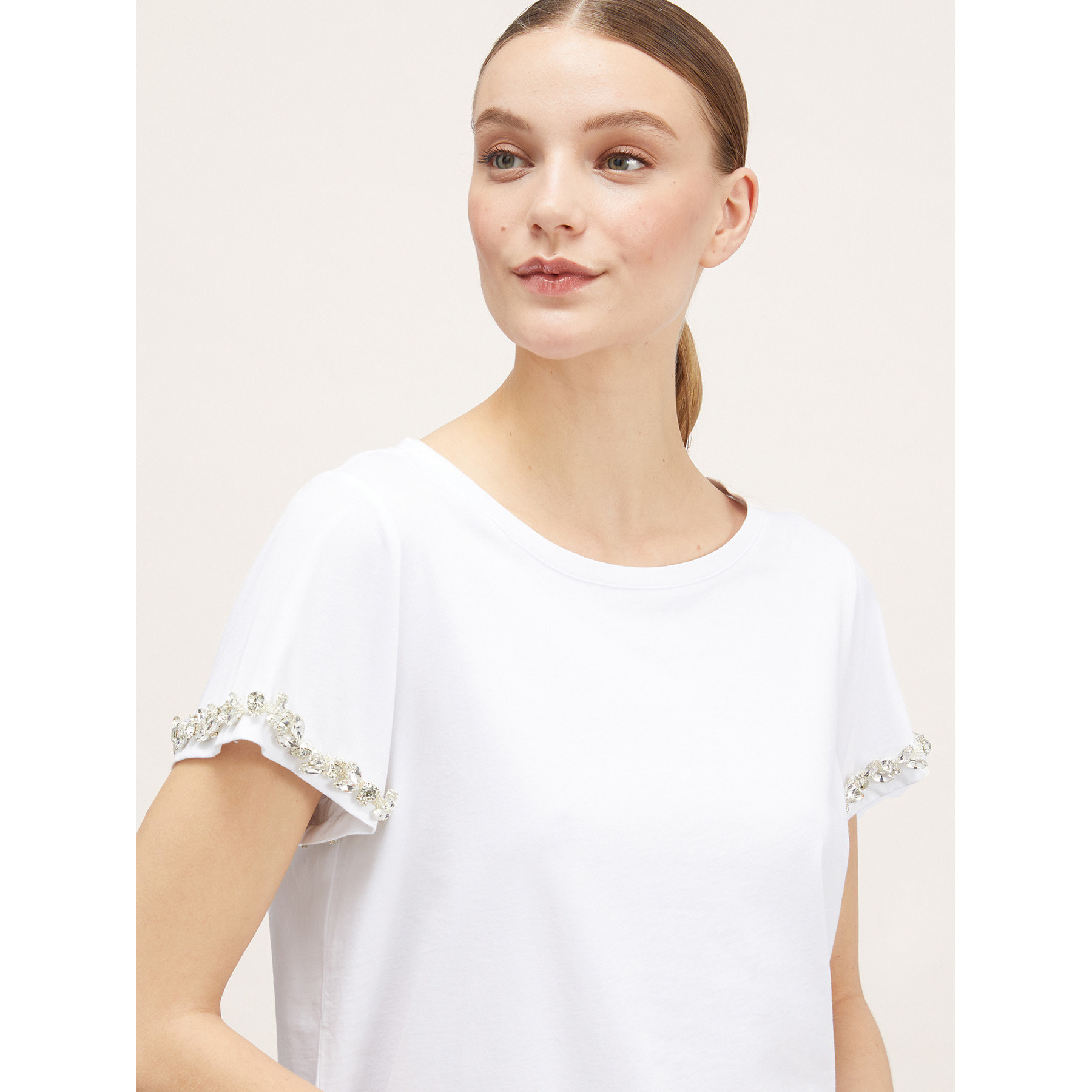 Motivi - T-shirt con maniche ricamate con pietre - Bianco