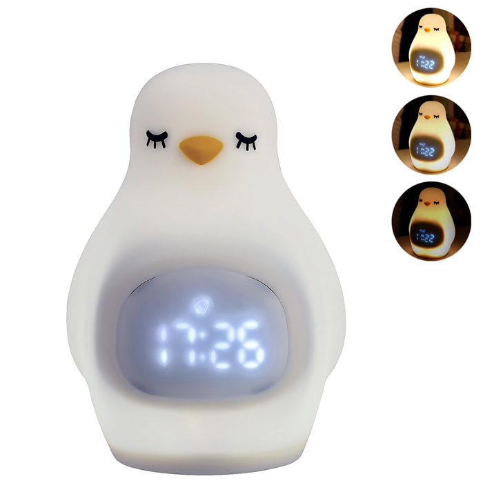 Reloj despertador con luz nocturna infantil, intensidad regulable. Diseño Pingüino.