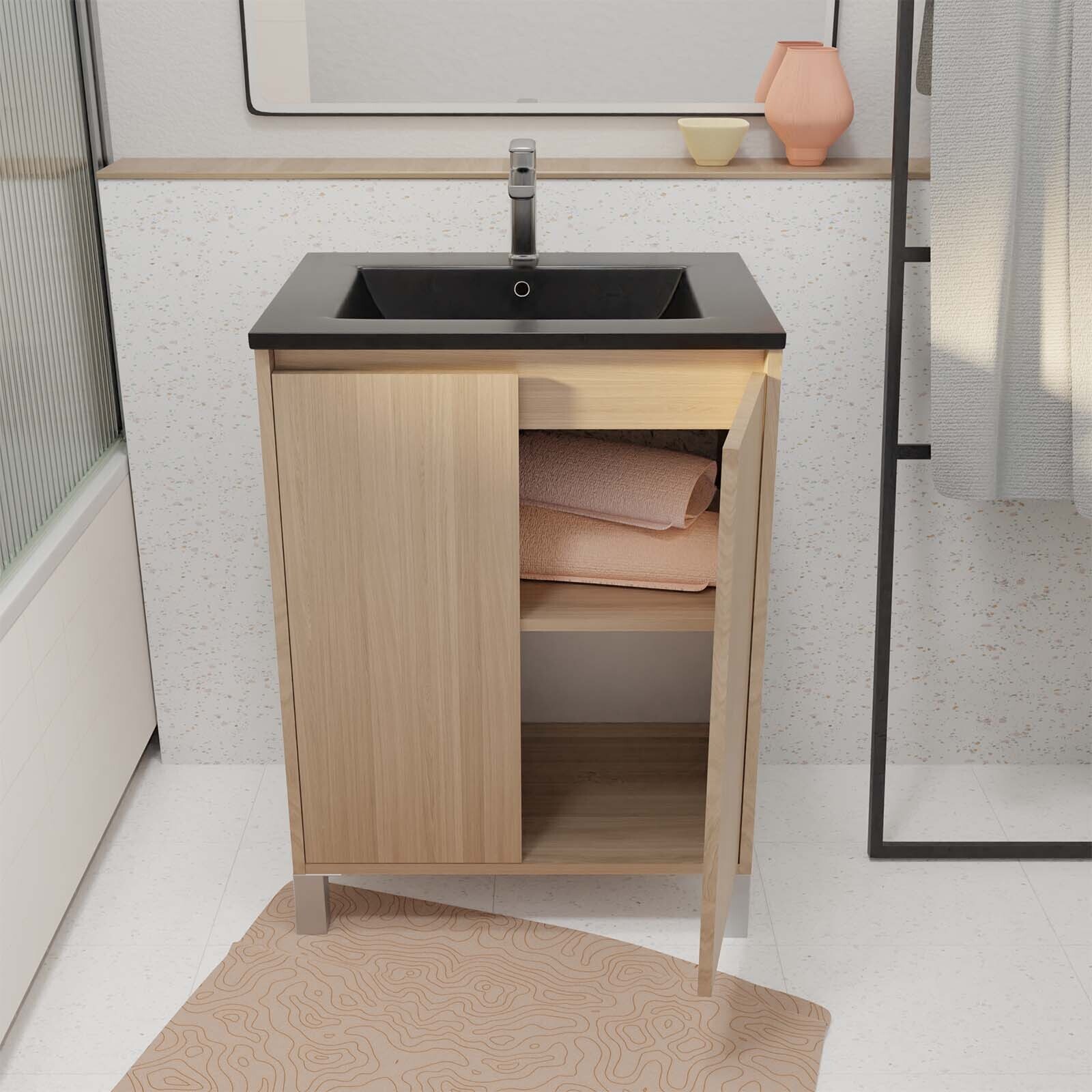 Meuble de salle de bains 60 cm 2 Portes Chêne Clair + Vasque Céramique Noire - XENOS