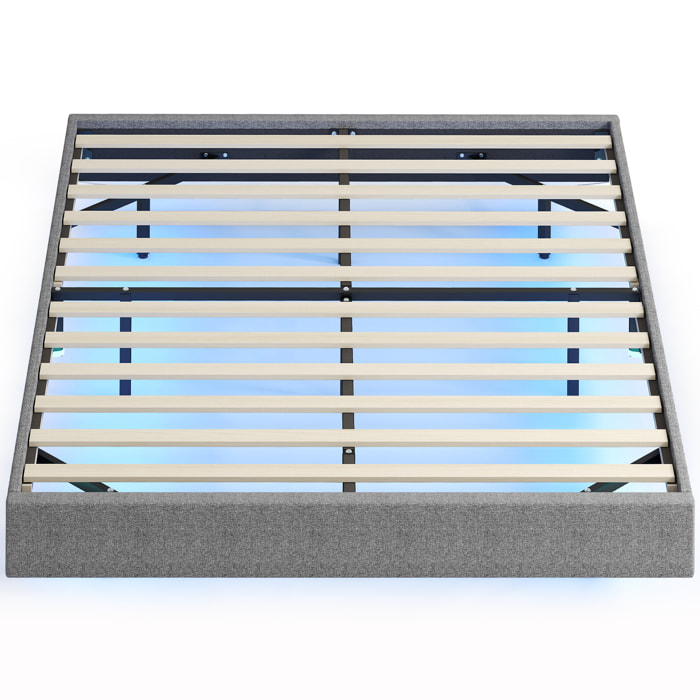 Somier Flotante 140x190 cm con Luces LED, Estructura de Cama, Tapizado en Lino, Láminas de Madera, Silencioso, Fácil de Montar, Gris