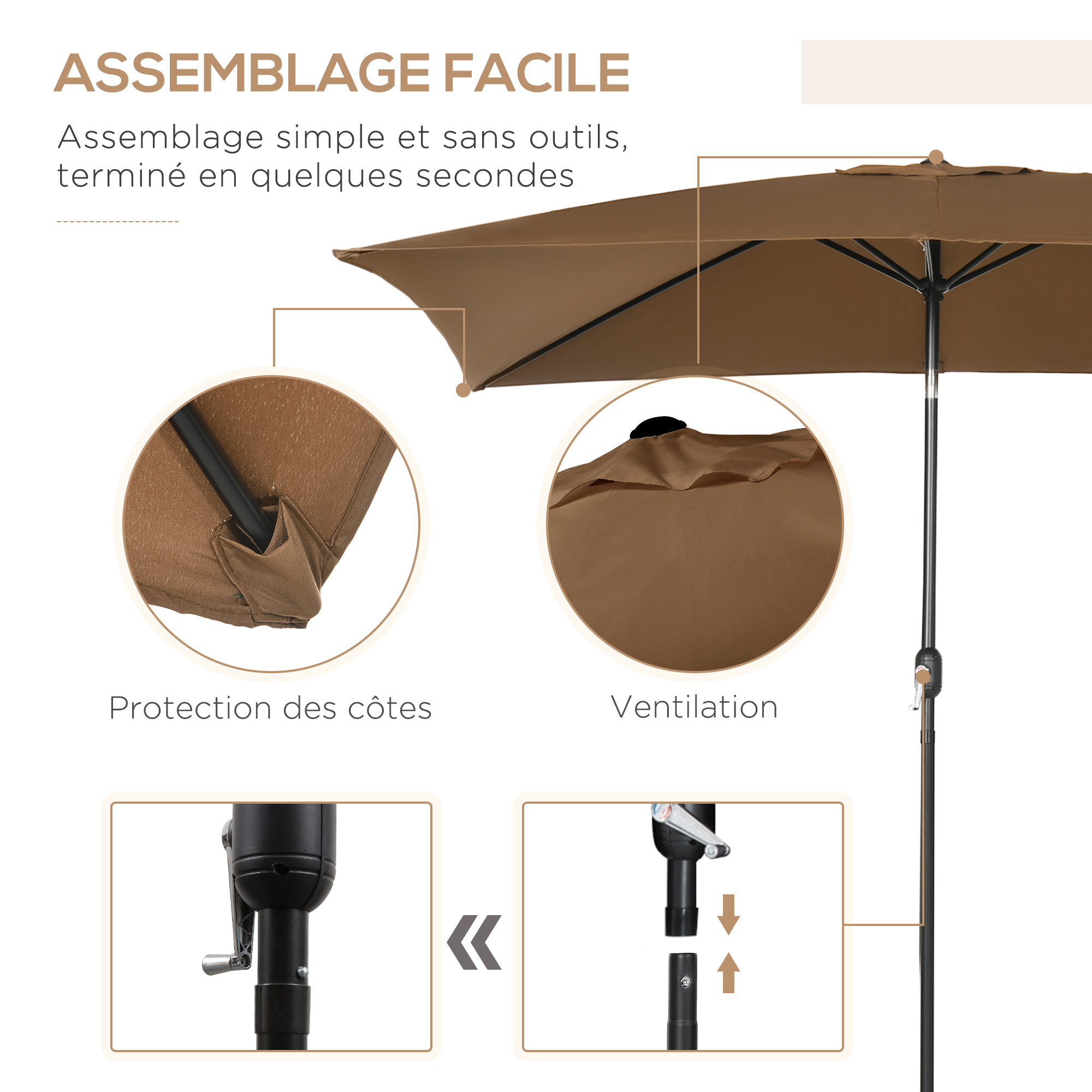 Parasol inclinable rectangulaire métal polyester haute densité 2,95L x 1,95l x 2,4H m chocolat