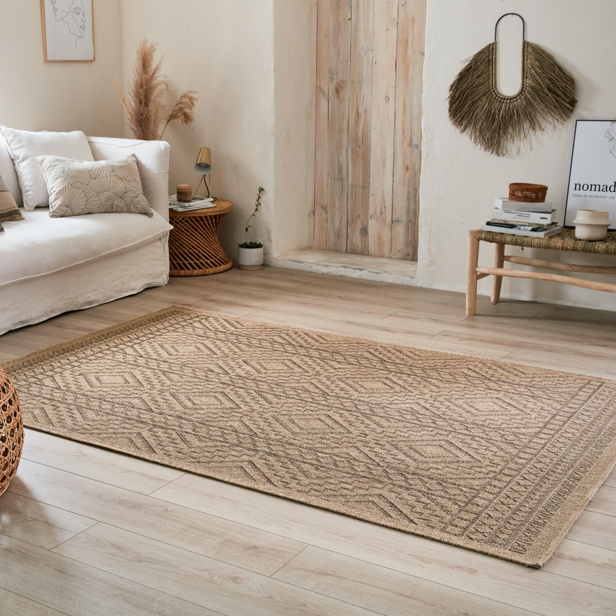 Nature - tapis aspect jute à motifs losanges marron