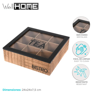 Well home caja de té de 9 compartimentos con tapa de vidrio color negro