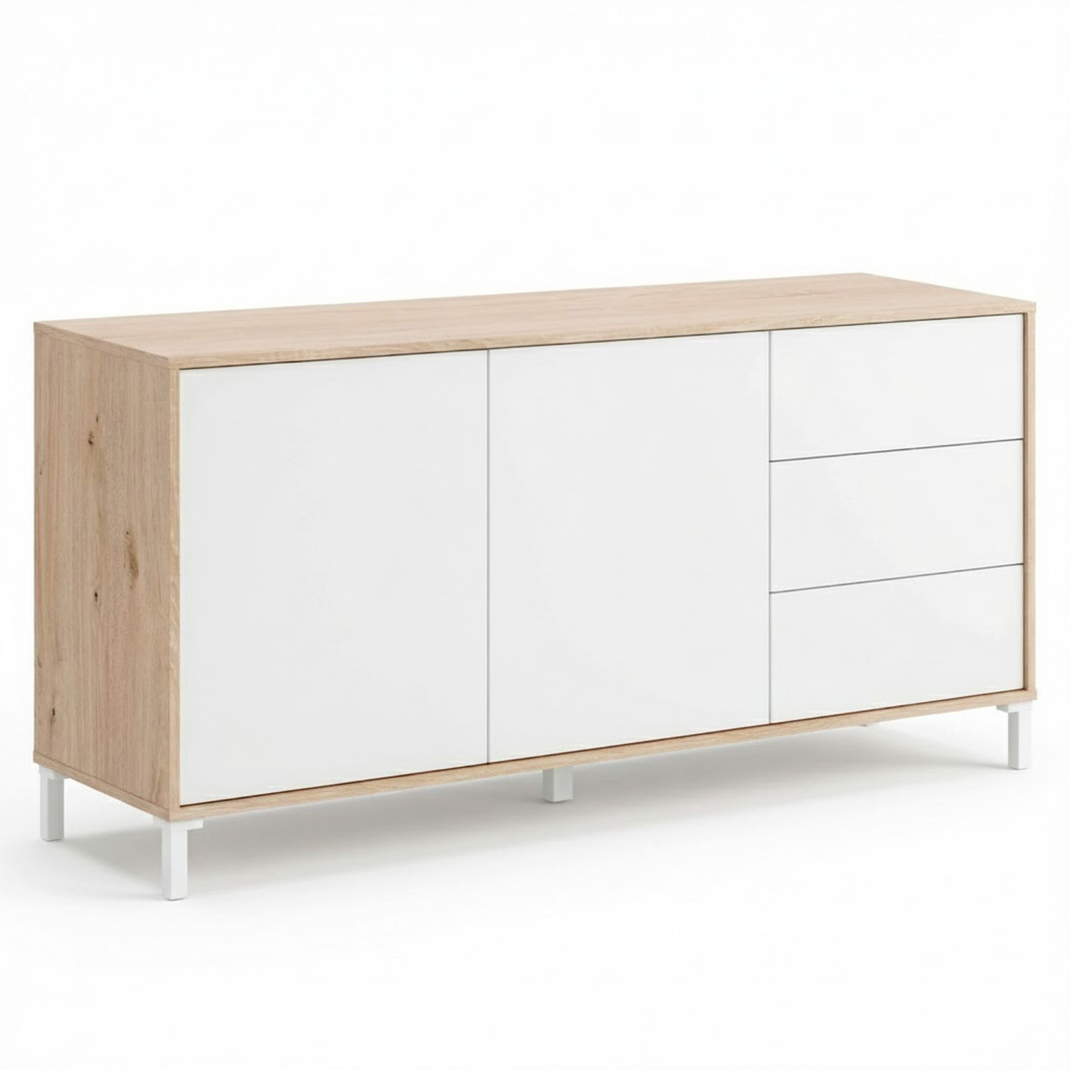 Credenza Madia Con 2 Ante E 3 Cassetti Mobile Contenitore Moderno Con Ripiani Interni Guide In Metallo E Piedini ABS 154 x 41 x 75 Cm Rovere E Bianco
