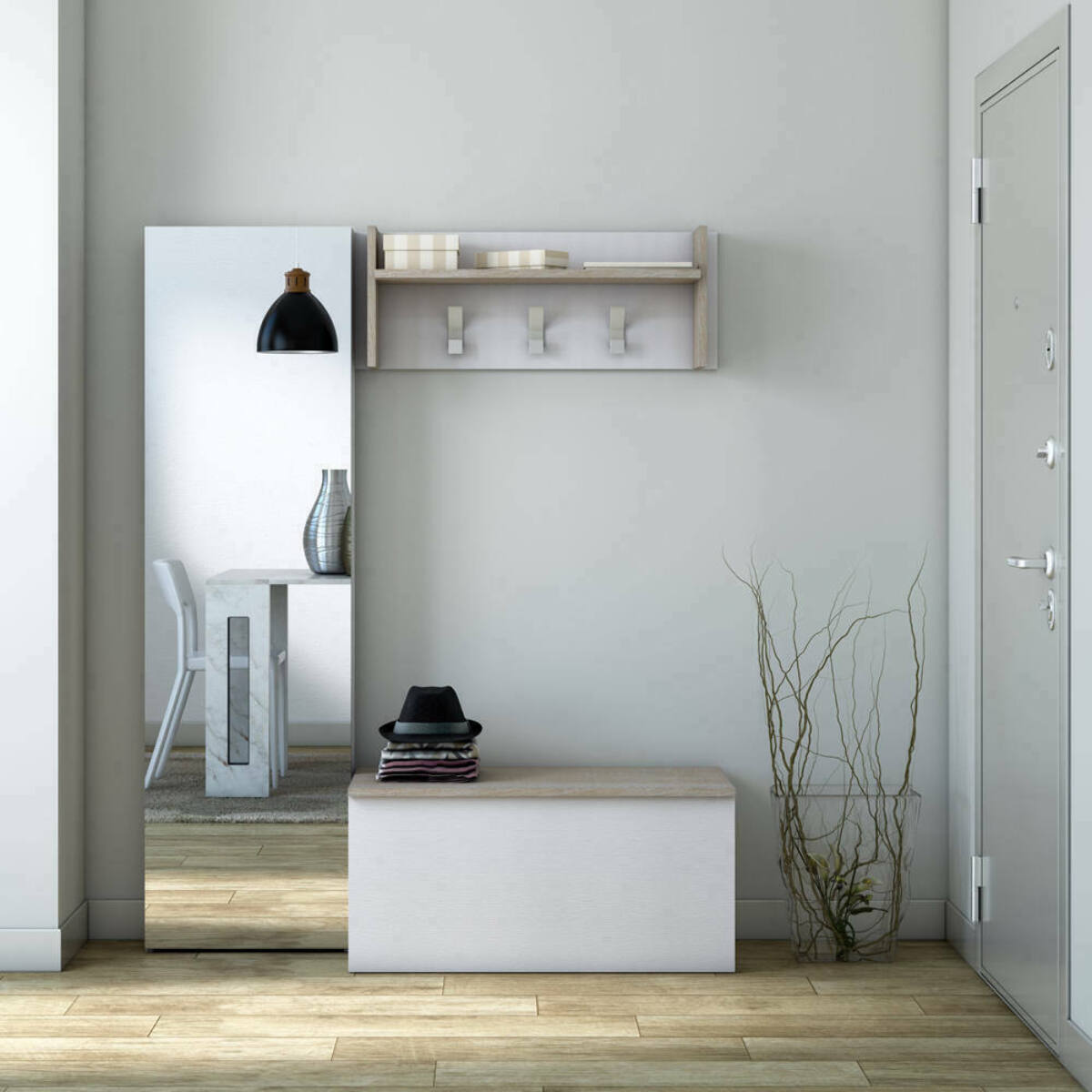Mobile da ingresso Angry, Mobile appendiabiti con 3 ganci, Mensola portaoggetti da ingresso, 100% Made in Italy, 90x29h34 cm, Bianco e Rovere