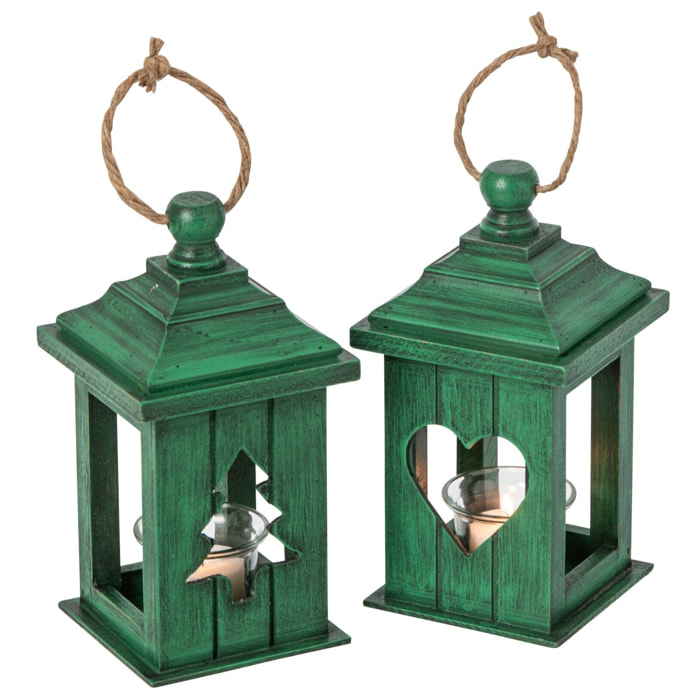 J-Line Lanterne - bois de sapin - vert - assortiment de 2